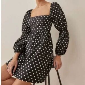 Adorable Reformation Michaela Organic Cotton Polka Dot Mini Dress Black Sz 2